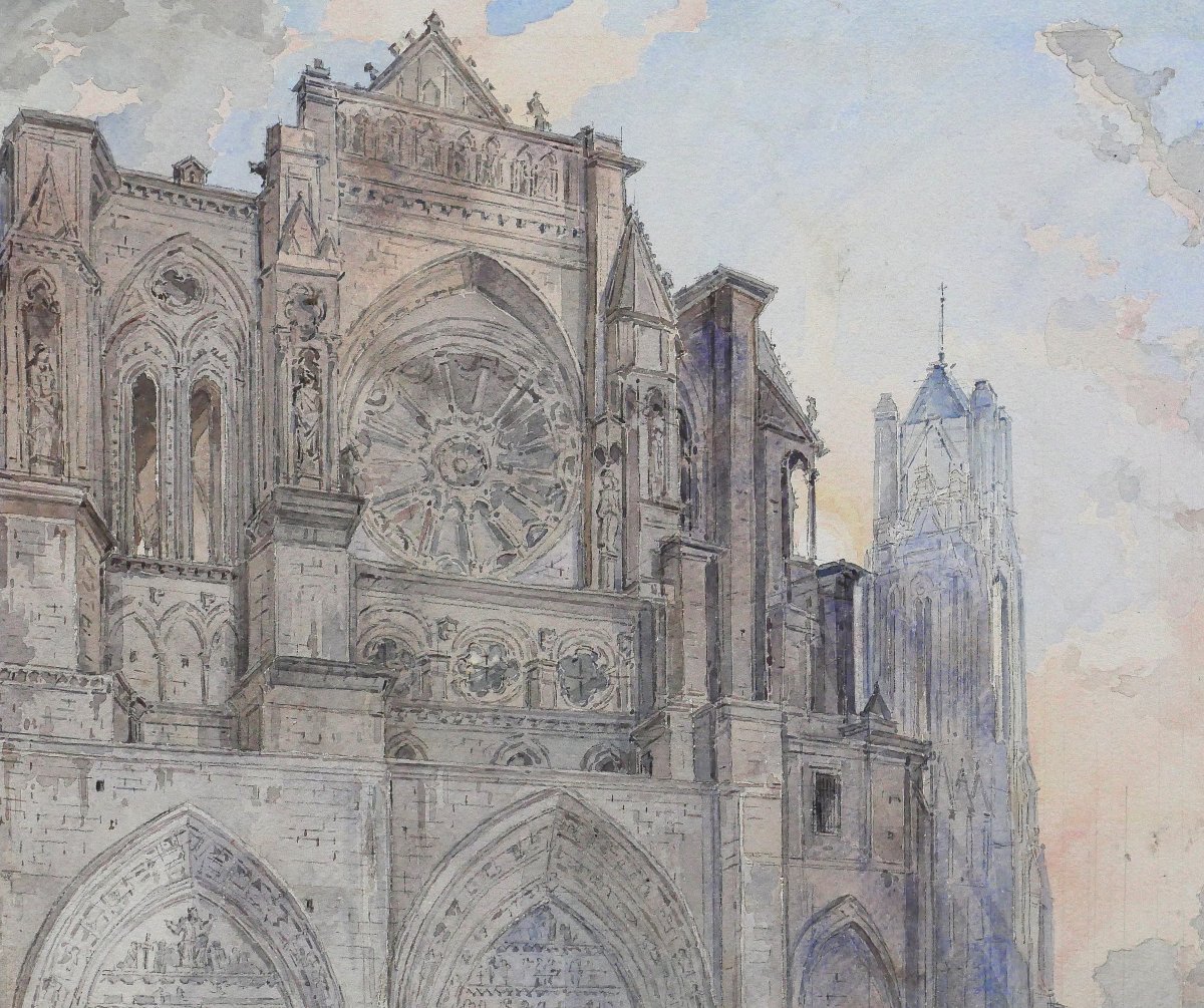 Louis-Désiré Thiénon 1812-1889 Reims, la cathédrale, paysage, dessin, 1875 tableau romantisme-photo-3