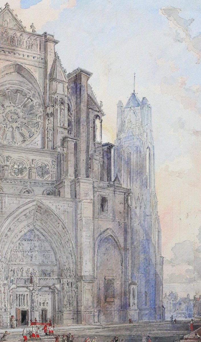 Louis-Désiré Thiénon 1812-1889 Reims, la cathédrale, paysage, dessin, 1875 tableau romantisme-photo-2