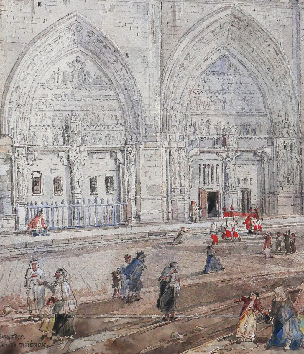 Louis-Désiré Thiénon 1812-1889 Reims, la cathédrale, paysage, dessin, 1875 tableau romantisme-photo-4
