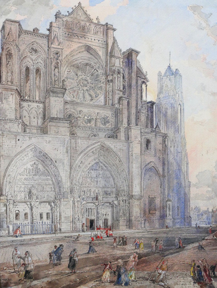 Louis-Désiré Thiénon 1812-1889 Reims, la cathédrale, paysage, dessin, 1875 tableau romantisme
