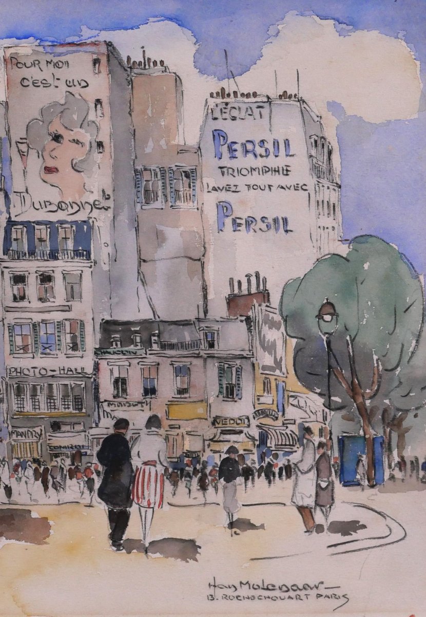 Hans MOLENAAR 1914-1989 Paris, le boulevard Rochechouart, vers 1940, dessin paysage tableau-photo-4
