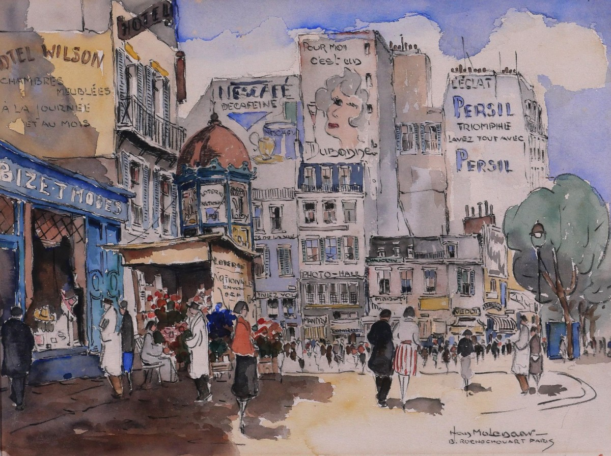 Hans MOLENAAR 1914-1989 Paris, le boulevard Rochechouart, vers 1940, dessin paysage tableau
