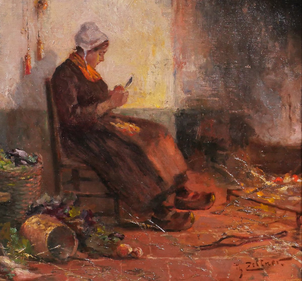 Philipp Zeltner 1865-1946 Woman In The Kitchen, Painting, Circa 1900 Netherlands Impressionism-photo-2