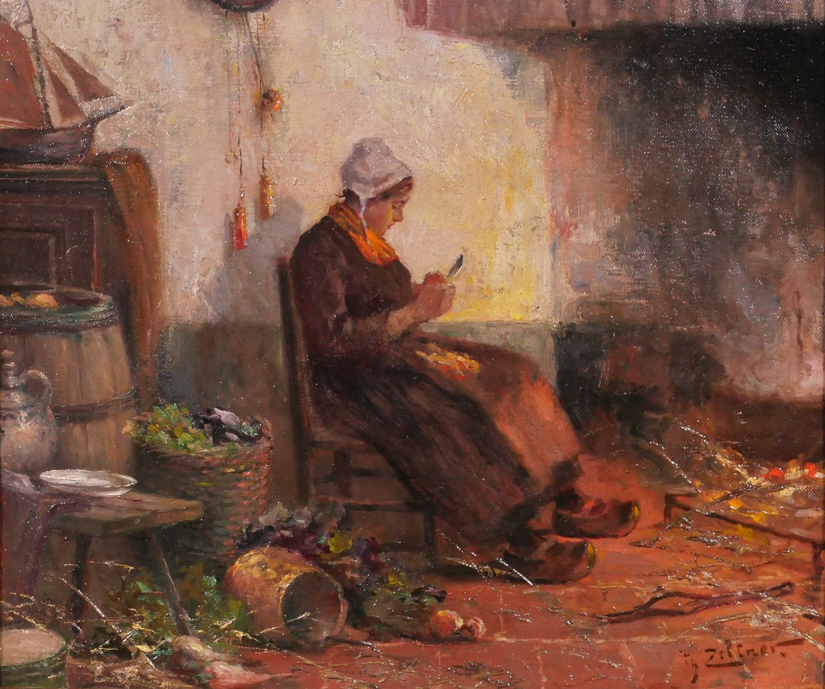 Philipp Zeltner 1865-1946 Woman In The Kitchen, Painting, Circa 1900 Netherlands Impressionism-photo-4