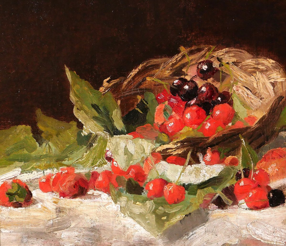 Louis Dubois 1830-1880 Still Life With Cherries, Painting, Circa 1870, Formerly In The Hulin De Loo Collection-photo-3
