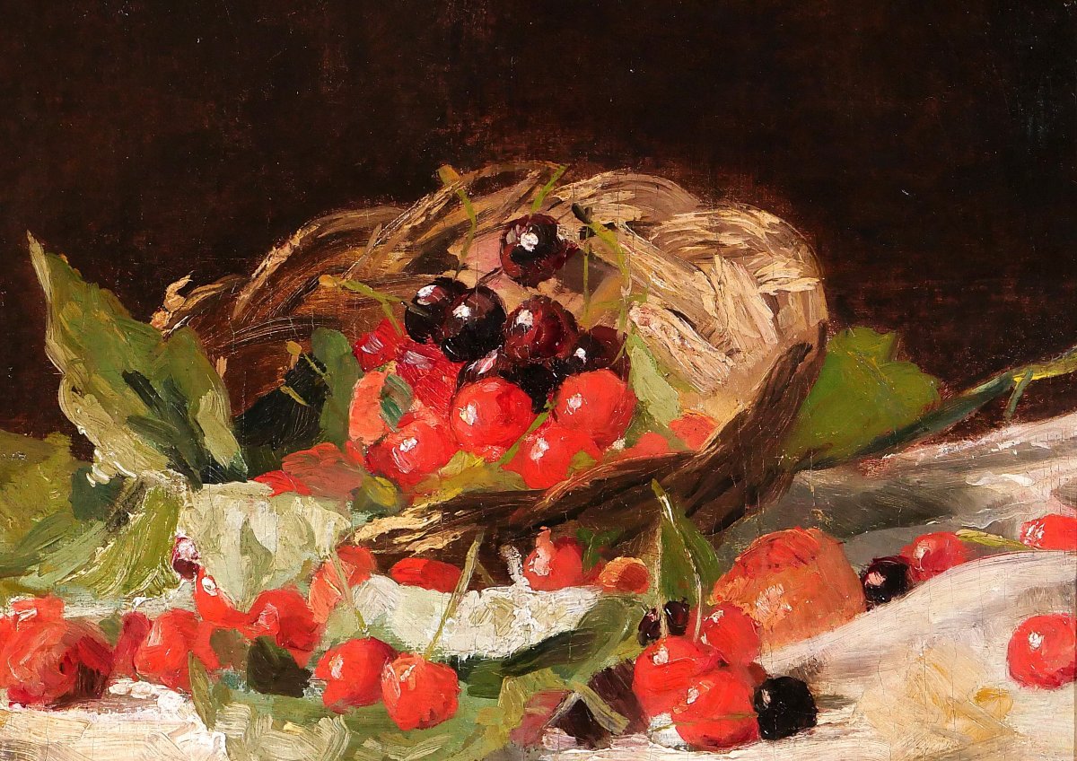 Louis Dubois 1830-1880 Still Life With Cherries, Painting, Circa 1870, Formerly In The Hulin De Loo Collection-photo-2