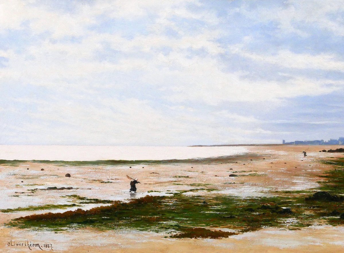 Olivier Cheron 1854-1935 Arromanches, Landscape, Morning Effect, Painting, Salon 1887, Normandy-photo-4