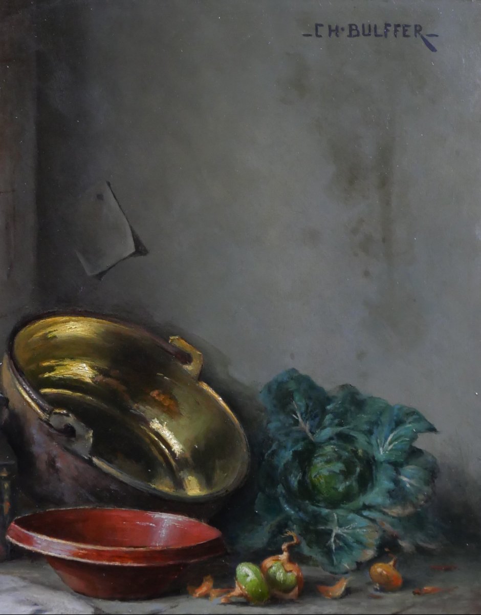 Charles Bulffer 1858-1934 Still Life With Vegetables, Painting, Circa 1900, Alsace Benner Henner-photo-2