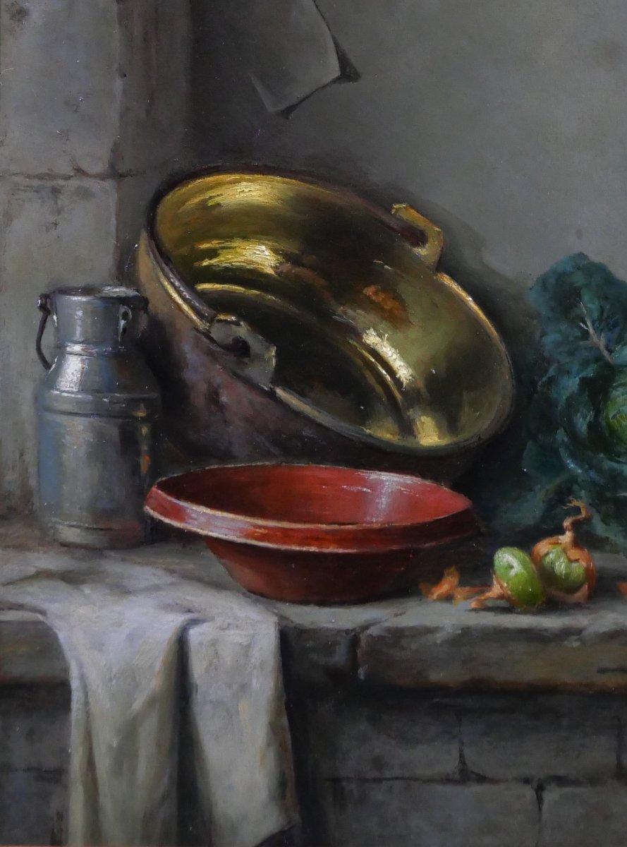Charles Bulffer 1858-1934 Still Life With Vegetables, Painting, Circa 1900, Alsace Benner Henner-photo-4
