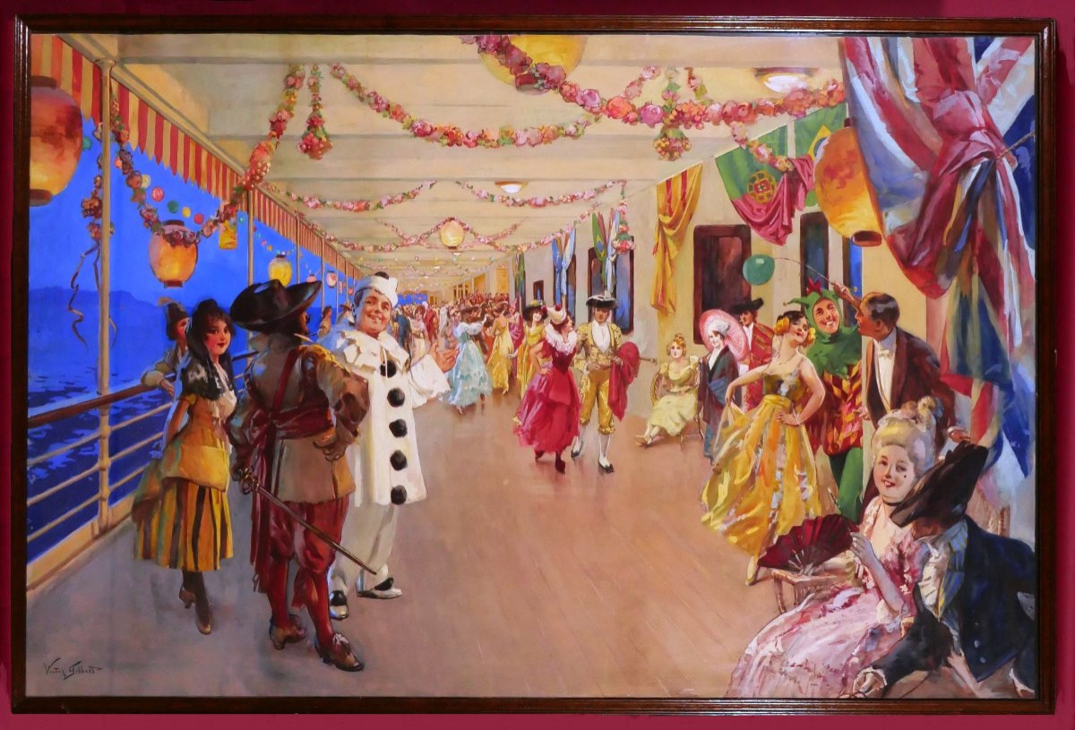Victor Gilbert 1847-1935 The Cruise Ball, Panoramic Drawing, Painting, Boat, Party, Circus-photo-2