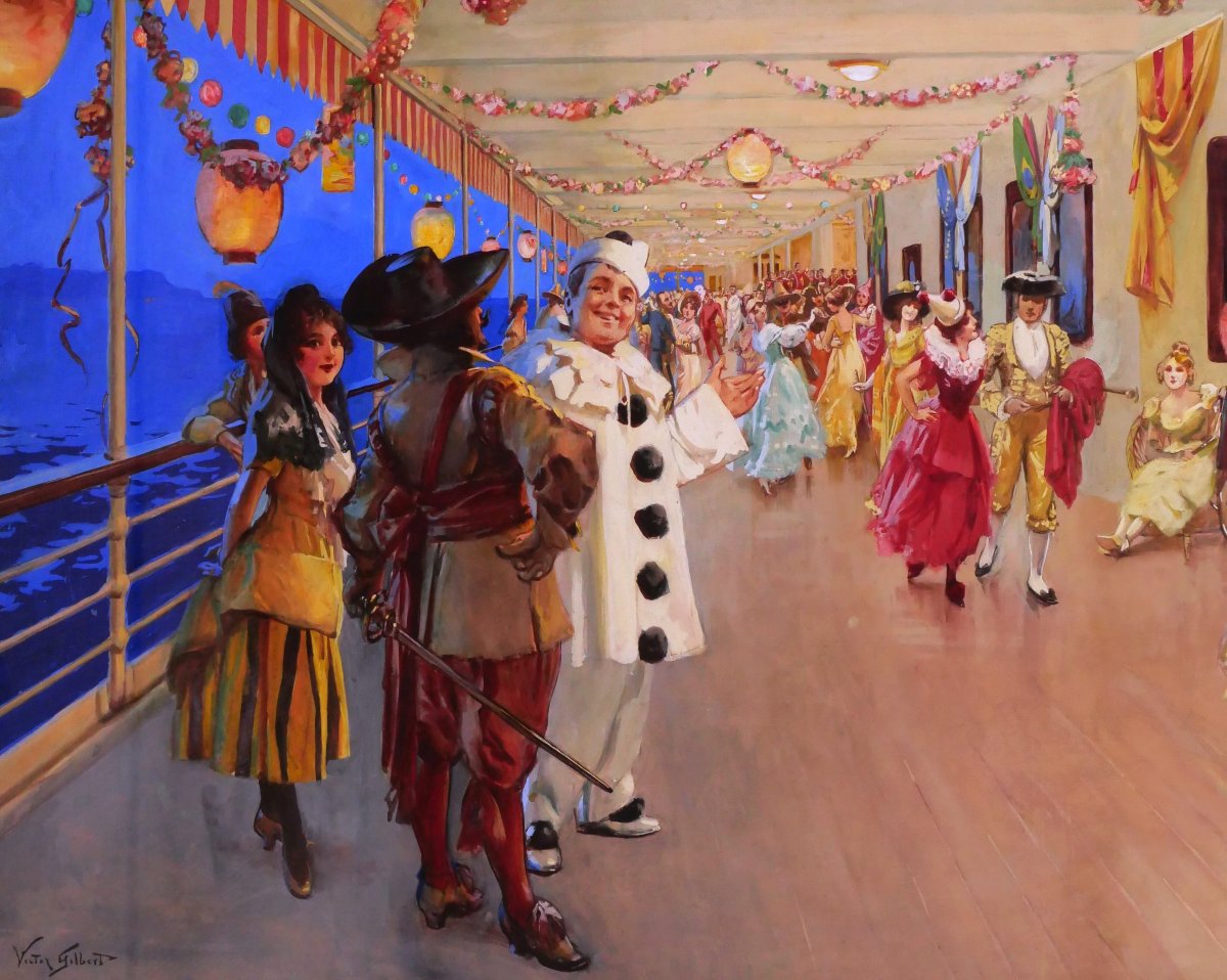 Victor Gilbert 1847-1935 The Cruise Ball, Panoramic Drawing, Painting, Boat, Party, Circus-photo-4