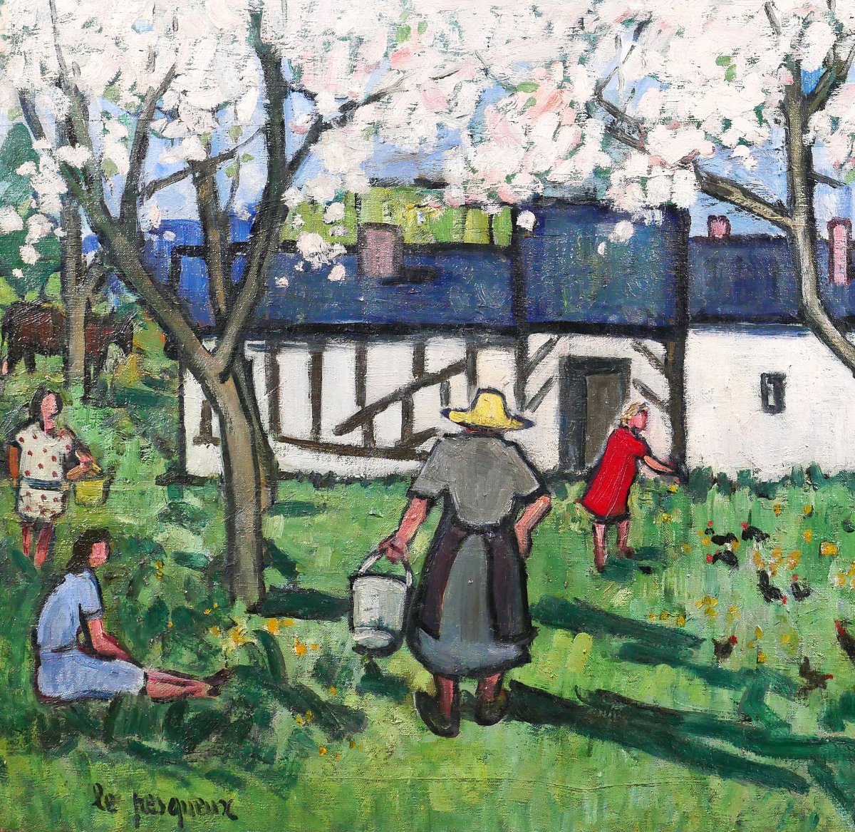 Henriette Le Pesqueux, Spring On The Farm In Normandy, Painting, Circa 1930-40, Flowering Tree-photo-3