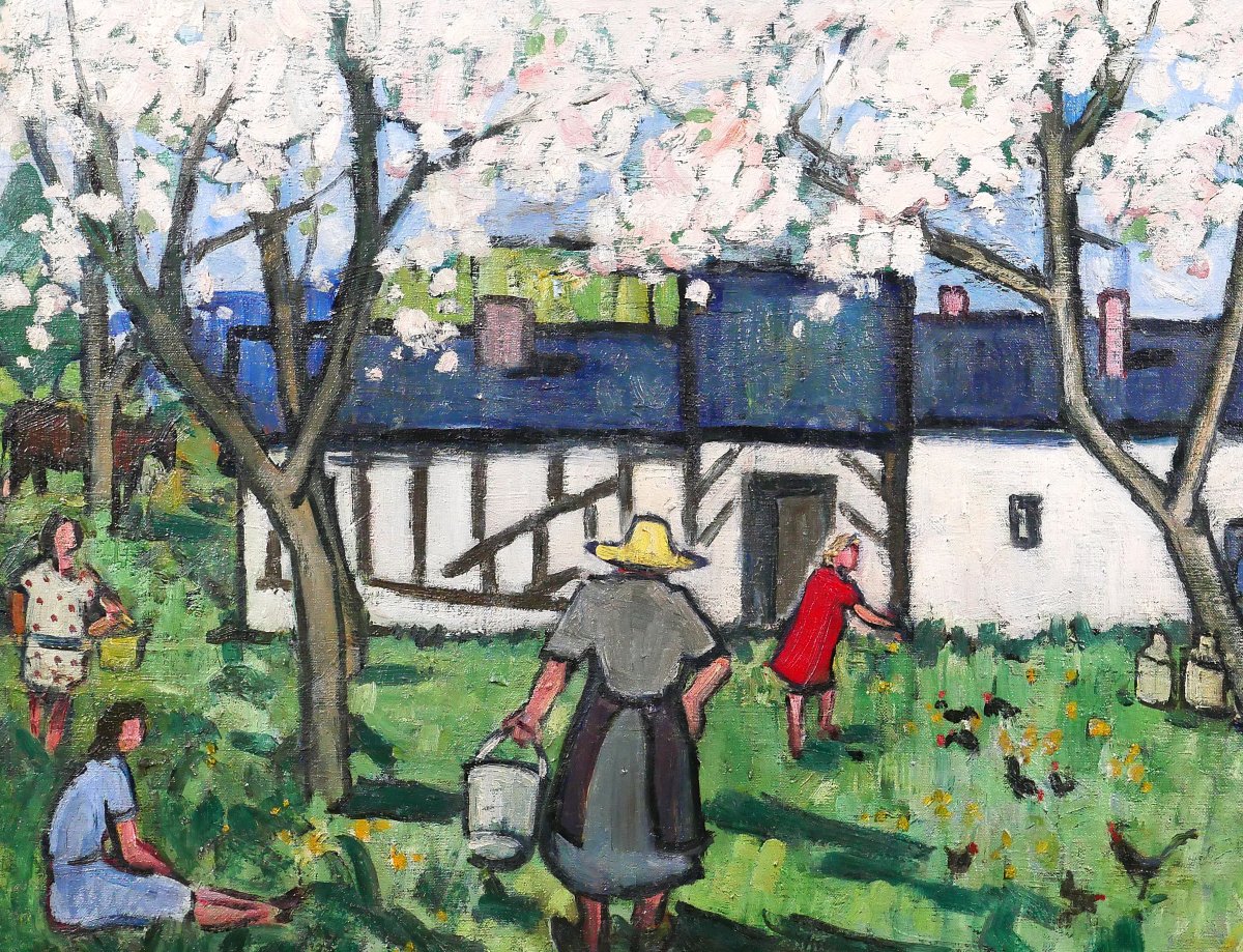 Henriette Le Pesqueux, Spring On The Farm In Normandy, Painting, Circa 1930-40, Flowering Tree-photo-1
