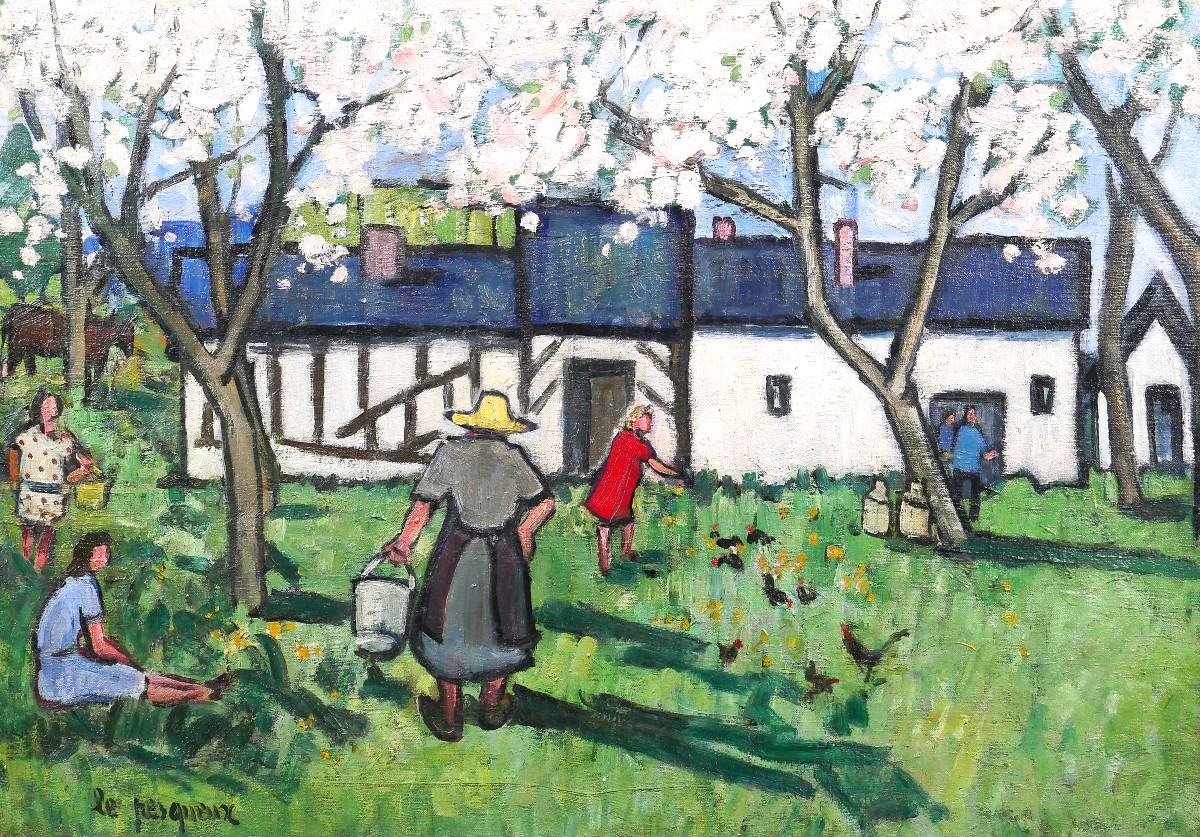 Henriette Le Pesqueux, Spring On The Farm In Normandy, Painting, Circa 1930-40, Flowering Tree