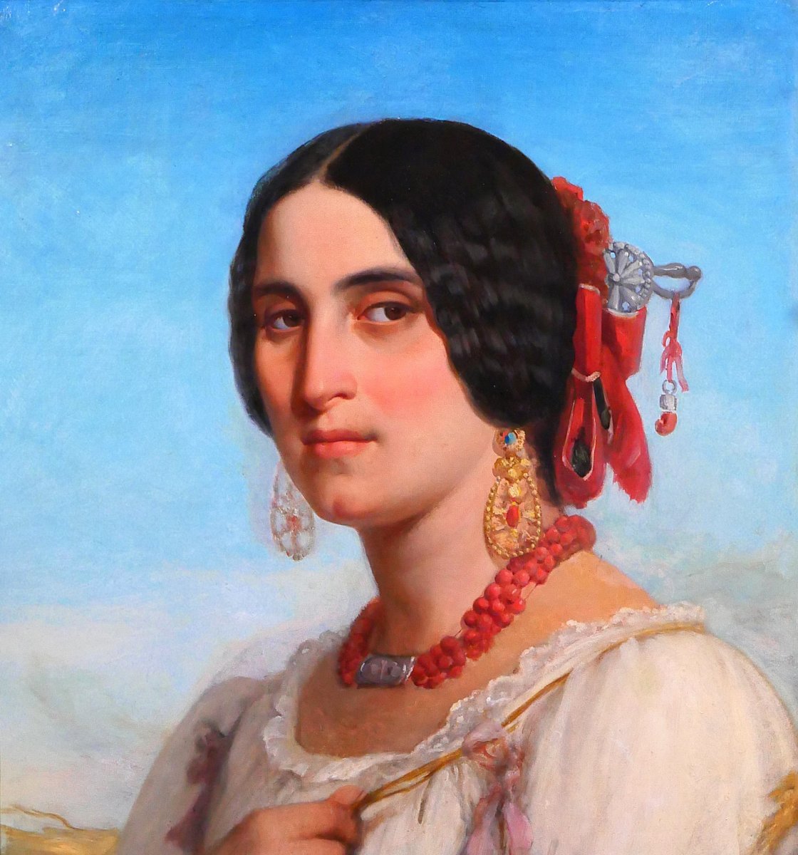 Jules Salles 1814-1900 The Beautiful Italian Woman, Portrait Of A Woman, Painting, Italy, 1846 Romanticism-photo-3