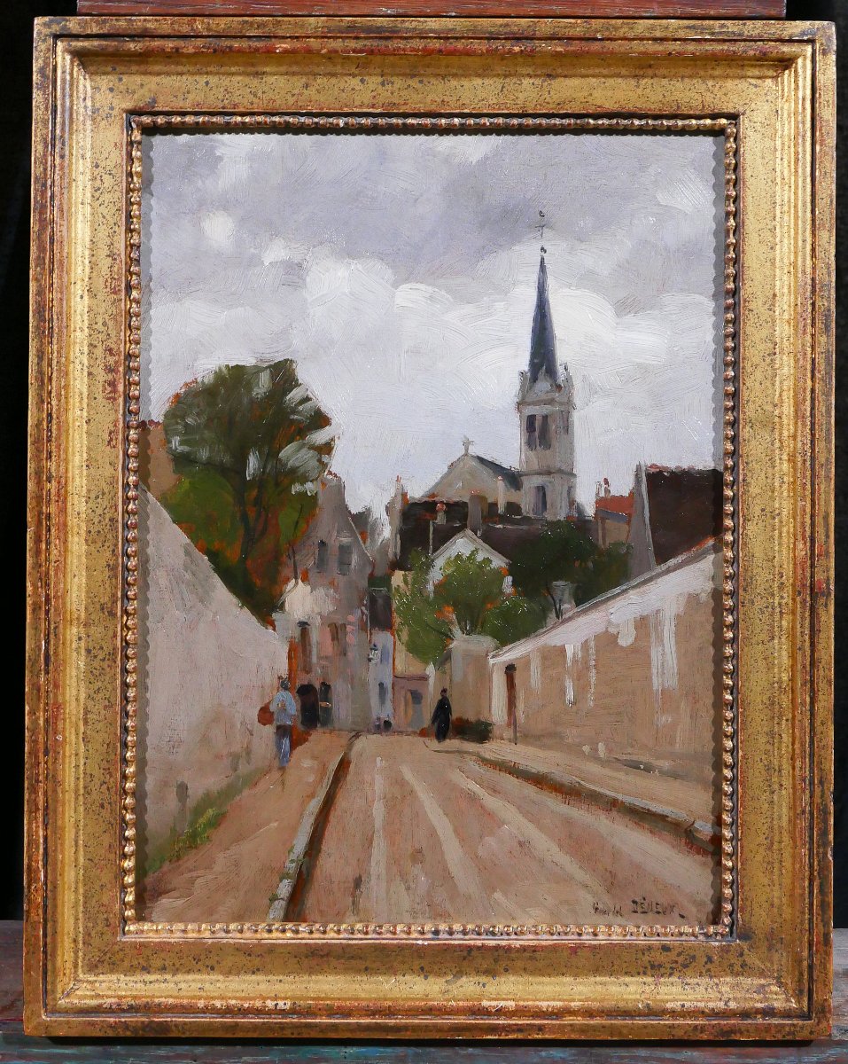 Gabriel Deneux 1856-1943 Landscape Of A Street And A Church, Painting Circa 1900, Impressionism-photo-2