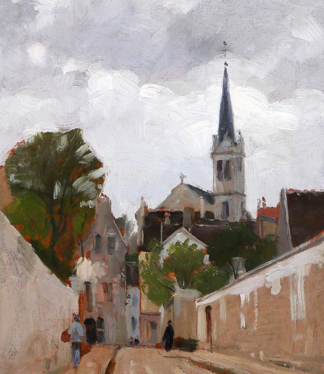 Gabriel Deneux 1856-1943 Landscape Of A Street And A Church, Painting Circa 1900, Impressionism-photo-3
