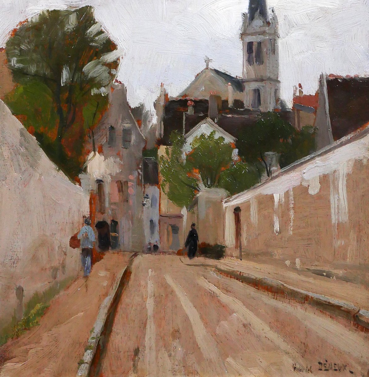 Gabriel Deneux 1856-1943 Landscape Of A Street And A Church, Painting Circa 1900, Impressionism-photo-4