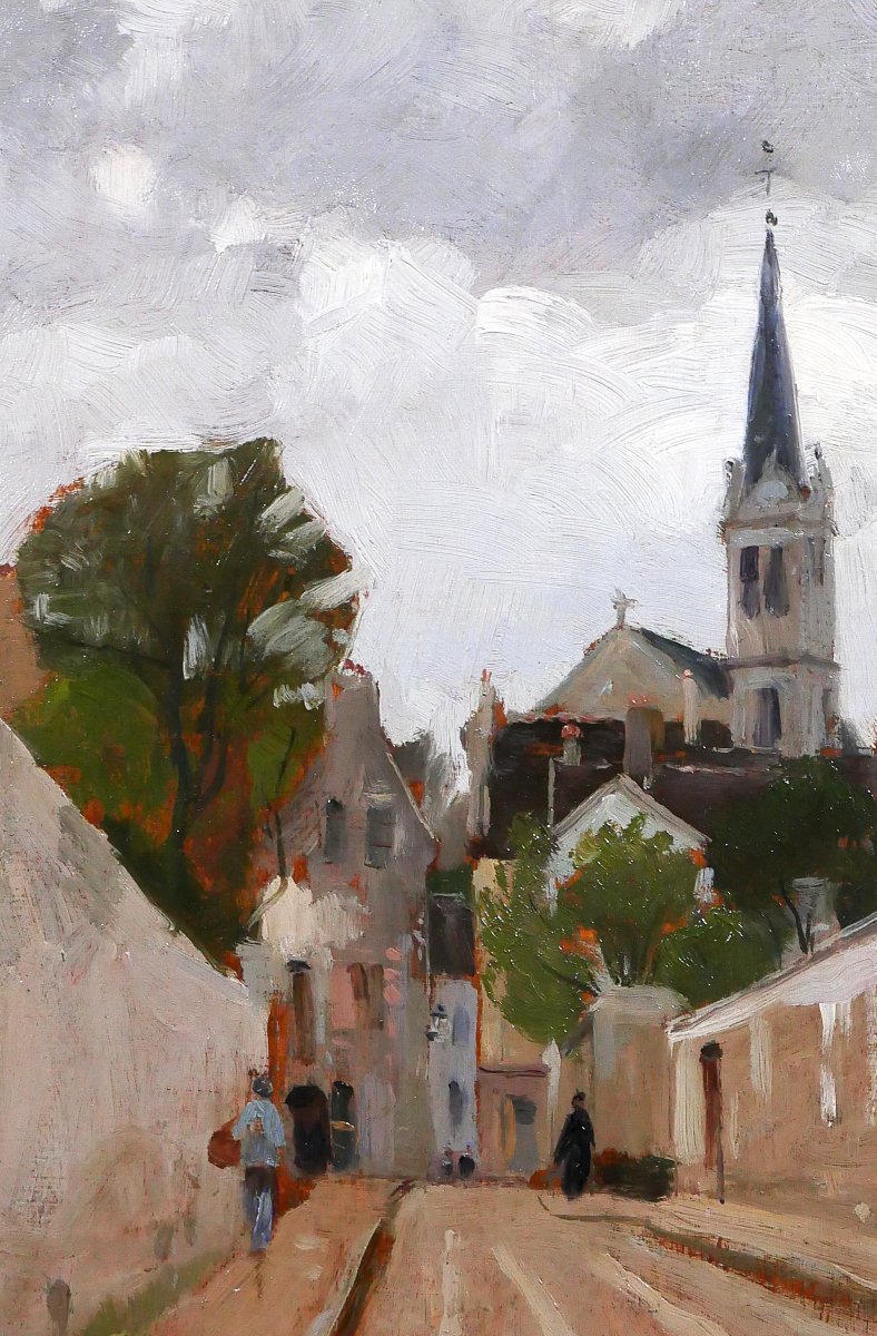 Gabriel Deneux 1856-1943 Landscape Of A Street And A Church, Painting Circa 1900, Impressionism-photo-1