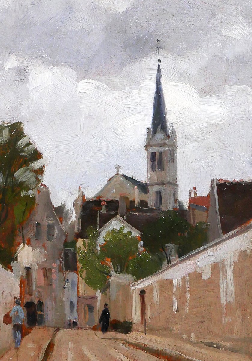 Gabriel Deneux 1856-1943 Landscape Of A Street And A Church, Painting Circa 1900, Impressionism-photo-2