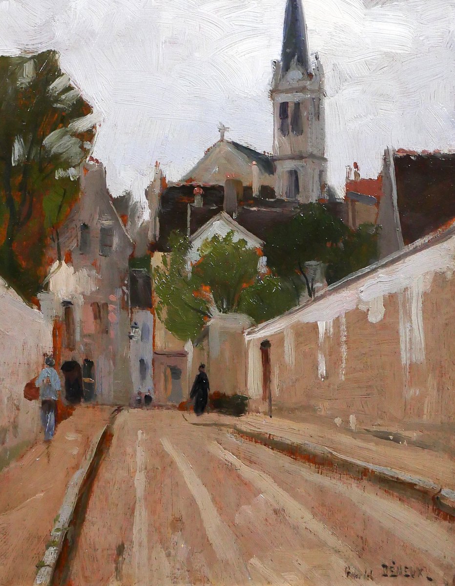Gabriel Deneux 1856-1943 Landscape Of A Street And A Church, Painting Circa 1900, Impressionism-photo-3