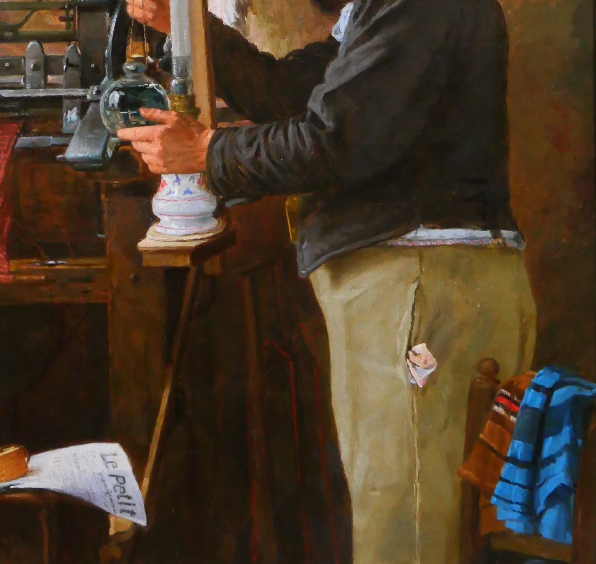 Edmond Quignard, 19th-20th Century, Weaver In His Workshop, Large Painting, Circa 1900, Portrait Of A Man-photo-4