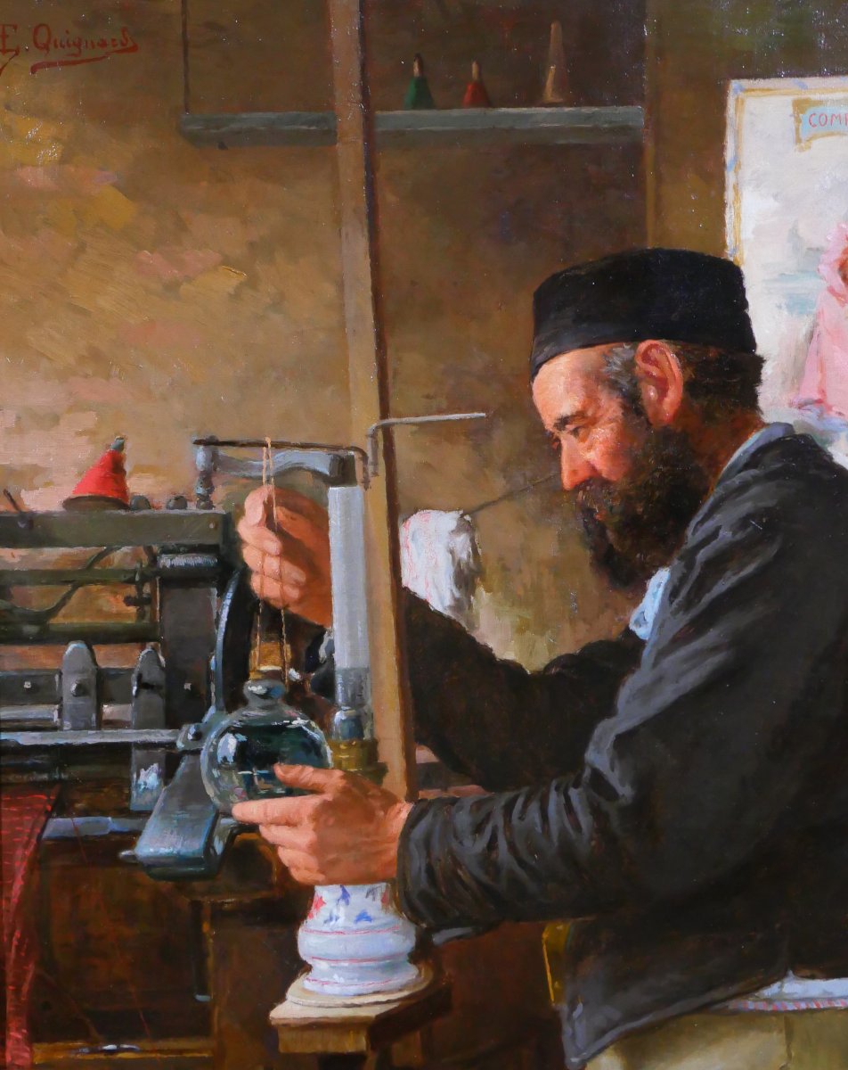 Edmond Quignard, 19th-20th Century, Weaver In His Workshop, Large Painting, Circa 1900, Portrait Of A Man-photo-1