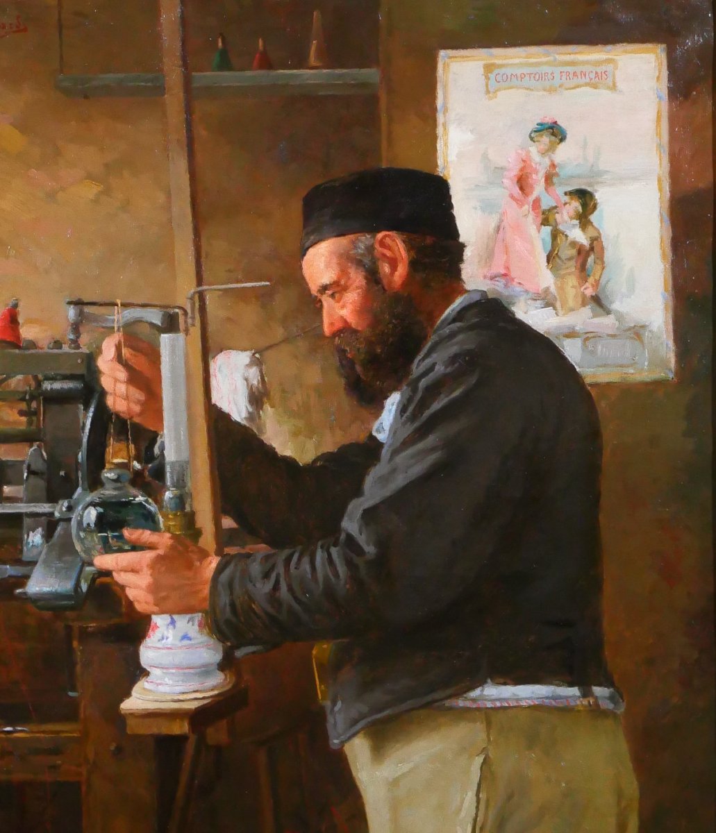 Edmond Quignard, 19th-20th Century, Weaver In His Workshop, Large Painting, Circa 1900, Portrait Of A Man-photo-2