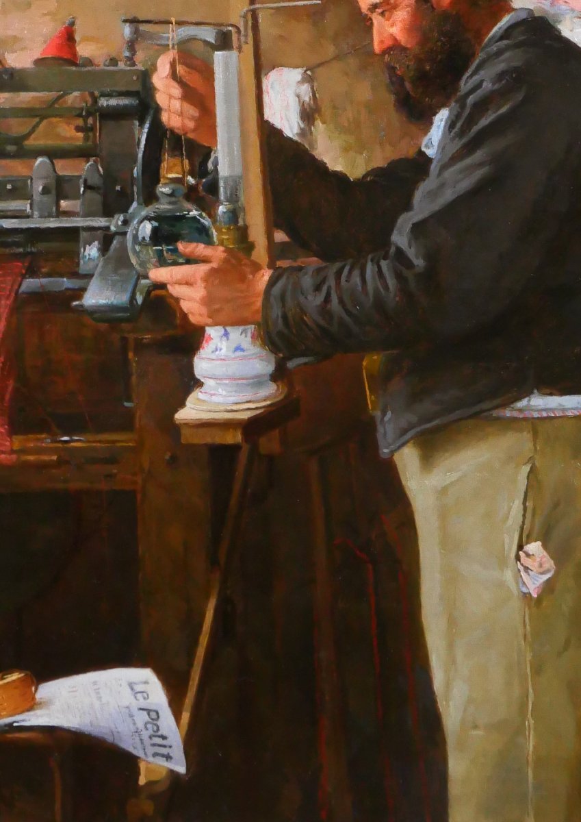 Edmond Quignard, 19th-20th Century, Weaver In His Workshop, Large Painting, Circa 1900, Portrait Of A Man-photo-4