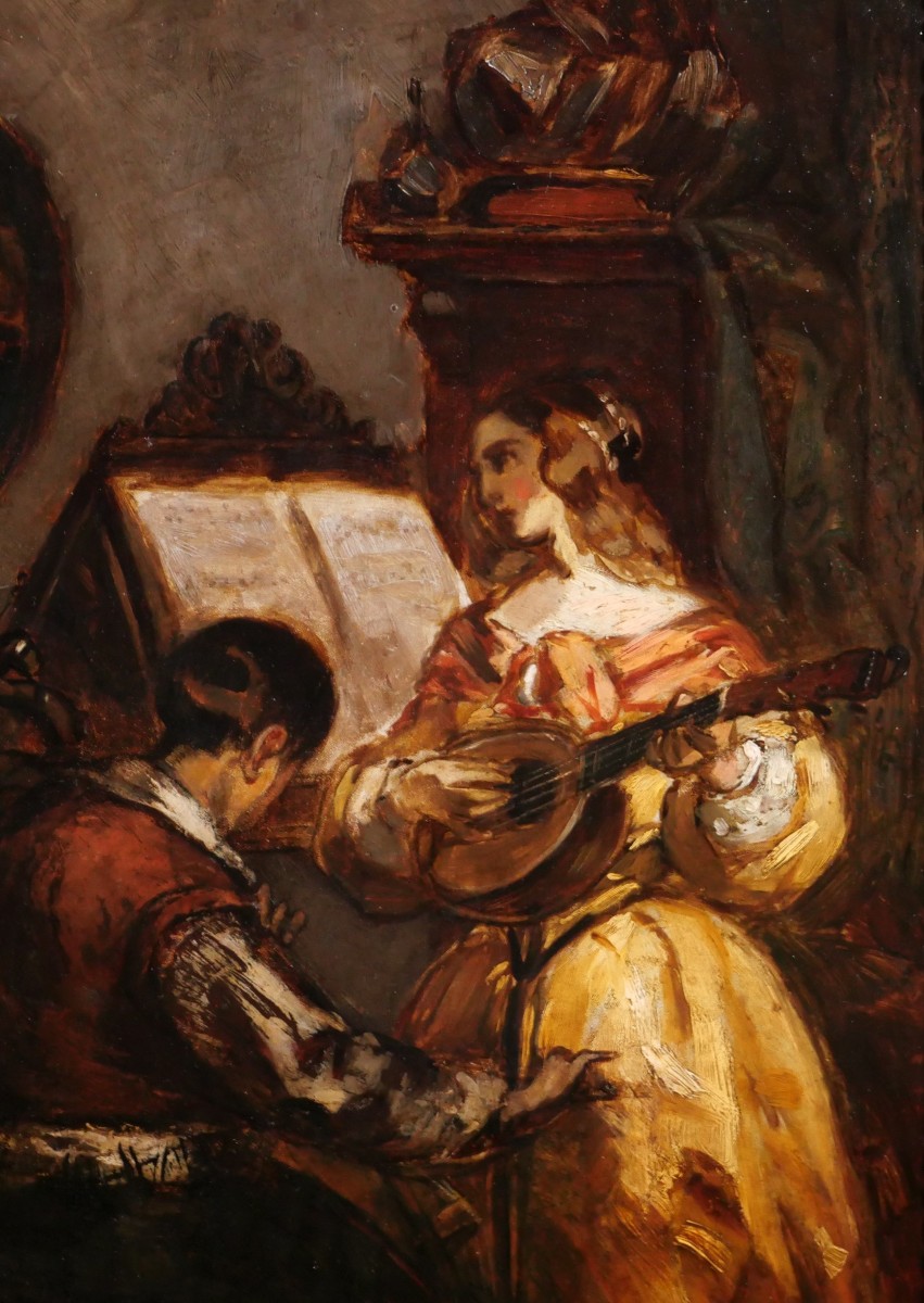 Henri LEYS (att. à) 1815-1869 Le concert, violoncelle et mandoline, tableau musique Belgique-photo-2