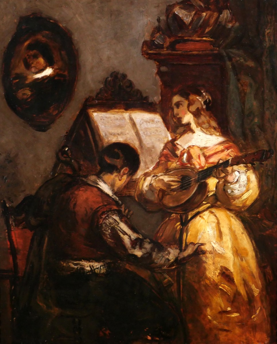 Henri LEYS (att. à) 1815-1869 Le concert, violoncelle et mandoline, tableau musique Belgique