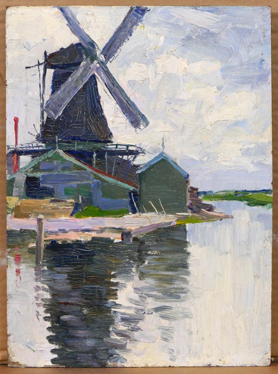 Georges BUYSSE 1864-1916 Moulin en Belgique, tableau, 1888 impressionnisme Art Nouveau paysage-photo-7