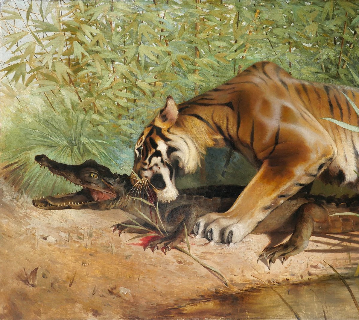 Albert-Joseph KERINGER 1869-1941 Tigre et Crocodile, tableau, vers 1900 animaux Asie Alsace-photo-3