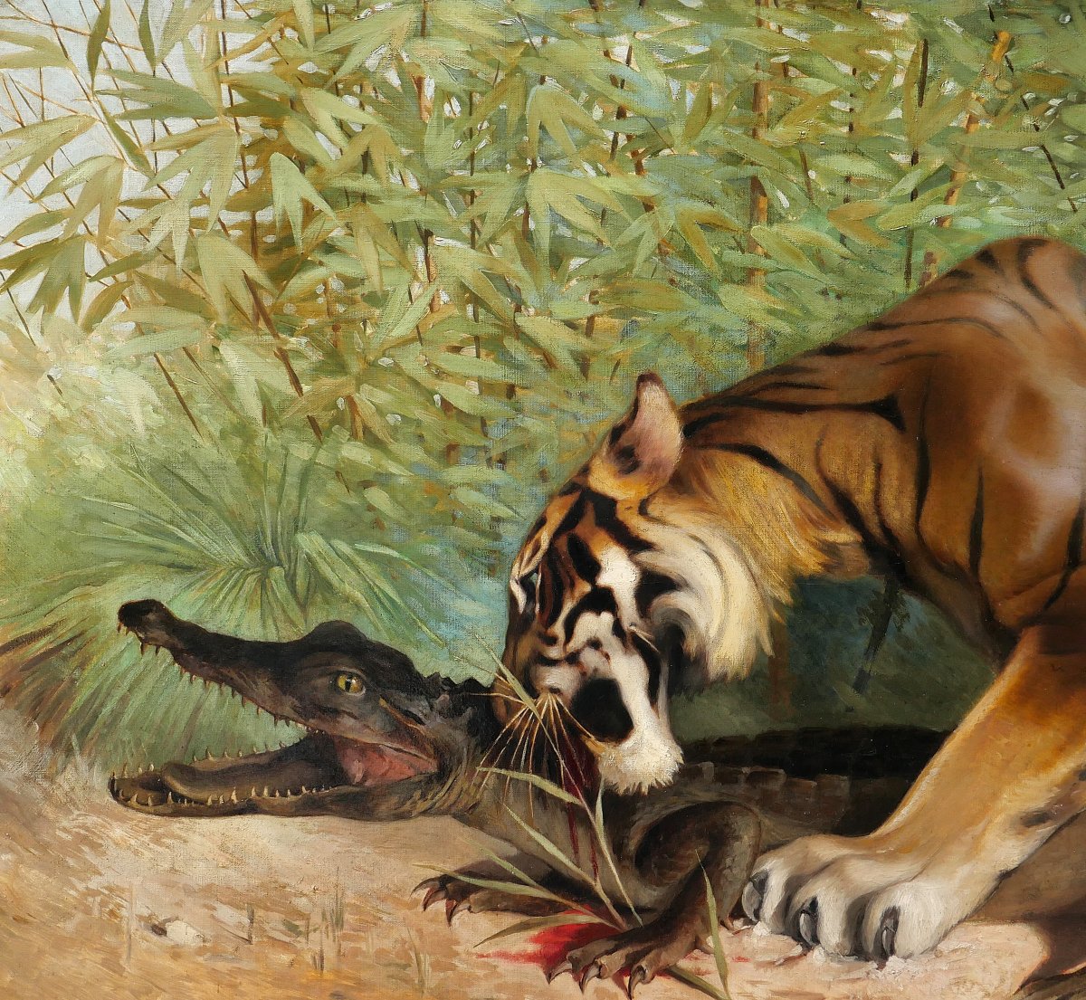 Albert-Joseph KERINGER 1869-1941 Tigre et Crocodile, tableau, vers 1900 animaux Asie Alsace-photo-1