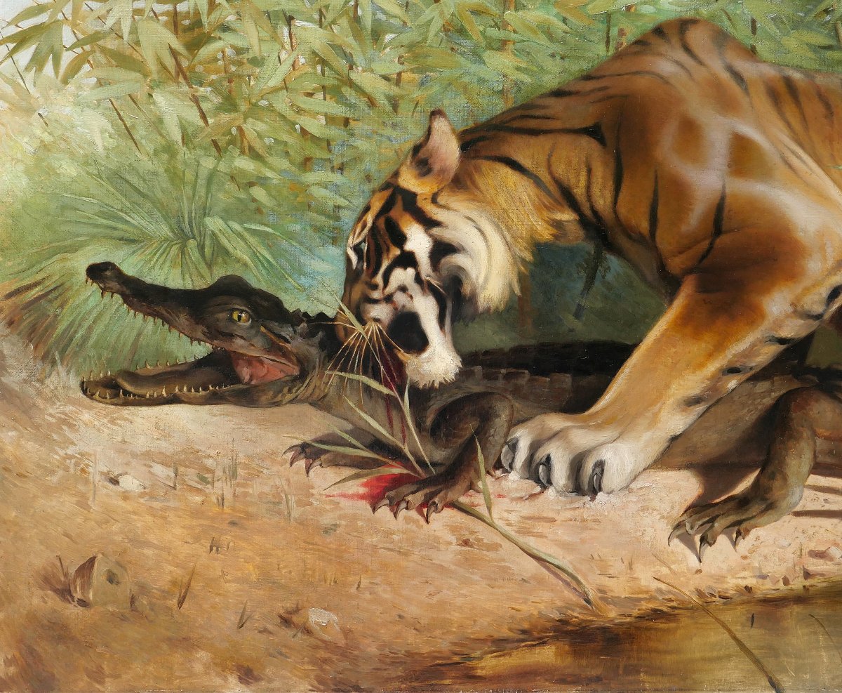 Albert-Joseph KERINGER 1869-1941 Tigre et Crocodile, tableau, vers 1900 animaux Asie Alsace-photo-4