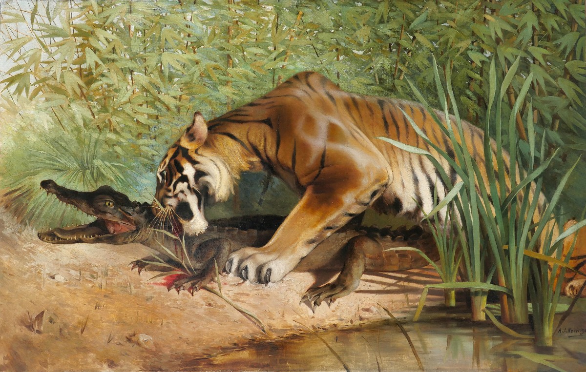 Albert-Joseph KERINGER 1869-1941 Tigre et Crocodile, tableau, vers 1900 animaux Asie Alsace