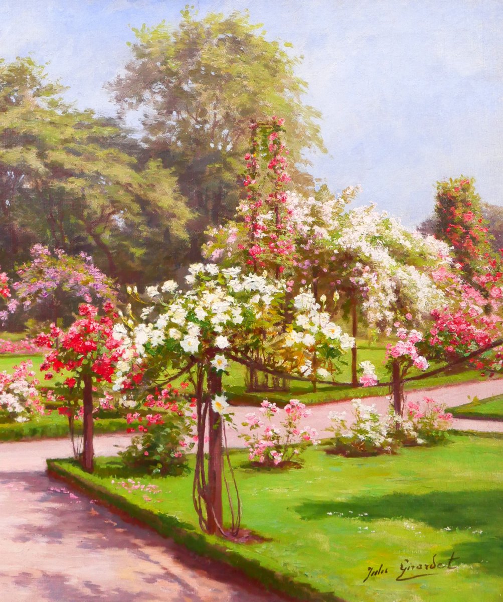 Jules Girardet 1856-1938 L a roseraie du jardin (Bagatelle ?) tableau fleurs roses jardin-photo-4