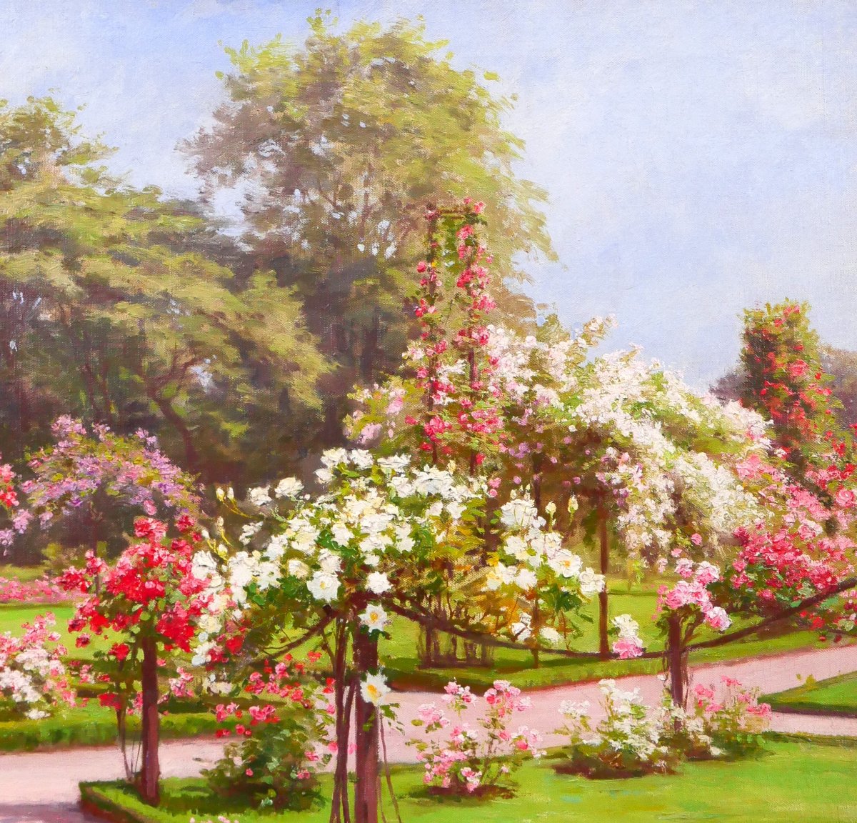 Jules Girardet 1856-1938 L a roseraie du jardin (Bagatelle ?) tableau fleurs roses jardin-photo-2