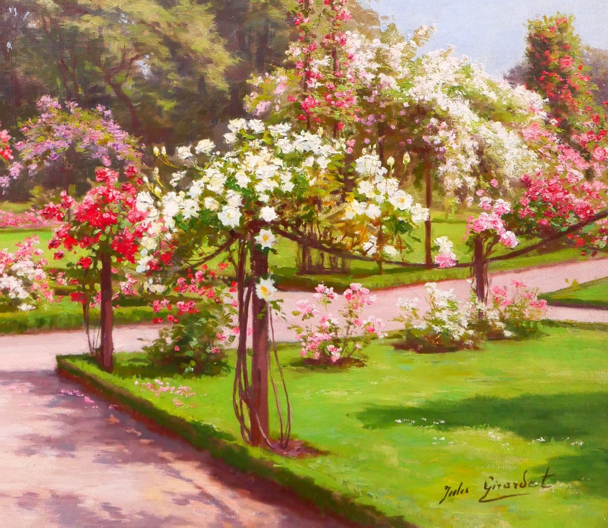 Jules Girardet 1856-1938 L a roseraie du jardin (Bagatelle ?) tableau fleurs roses jardin-photo-3