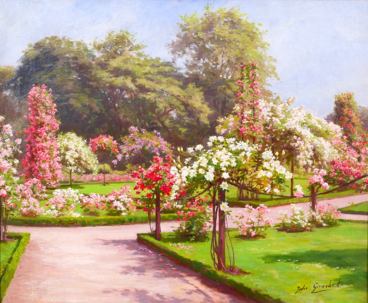 Jules Girardet 1856-1938 L a roseraie du jardin (Bagatelle ?) tableau fleurs roses jardin