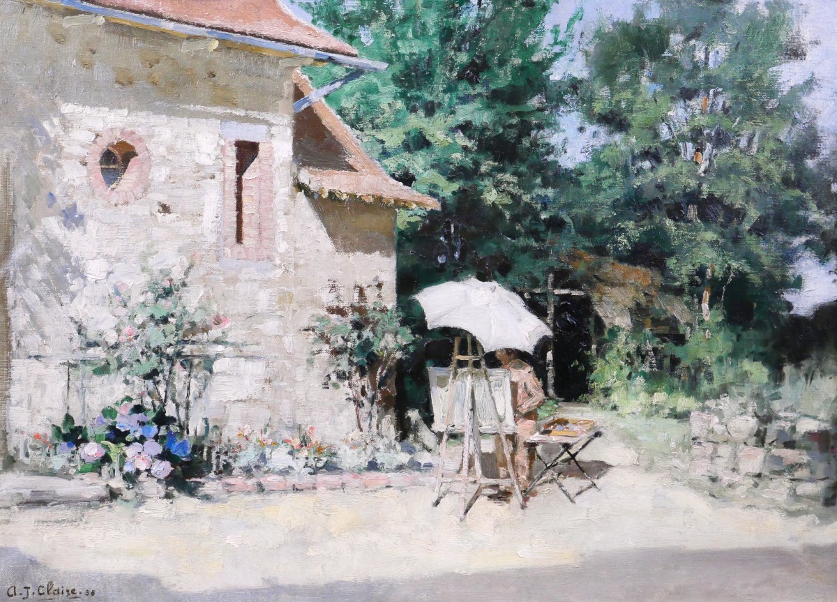 Aujuste-Jean Claire 1881-1970 Le peintre au jardin, tableau, Orne Saint-Céneri-le-Gérei paysage