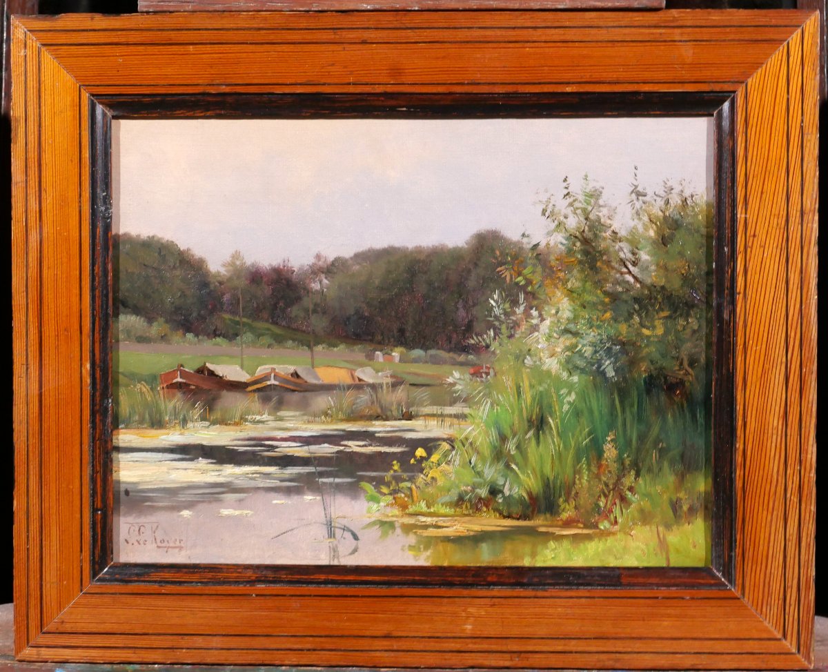 Léon Le Royer 1858-1939 River Landscape With Barges And Flowers, Impressionist Painting-photo-2