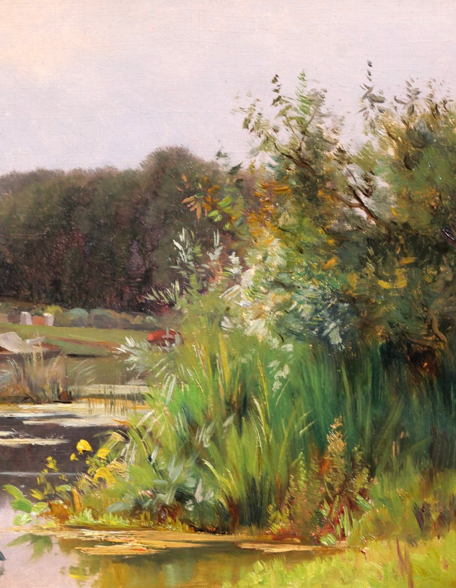 Léon Le Royer 1858-1939 River Landscape With Barges And Flowers, Impressionist Painting-photo-4
