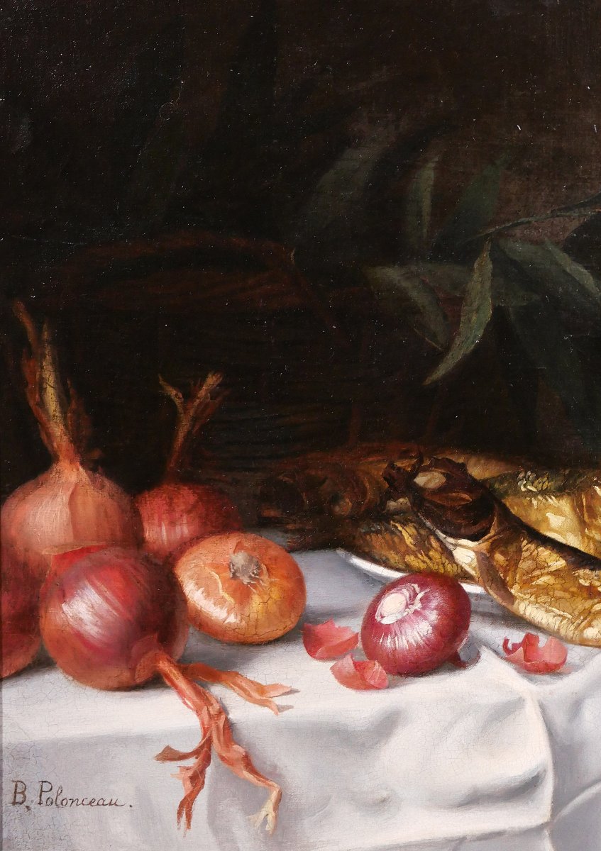 Blanche Polonceau 1846-1914 Nature morte aux harengs et aux oignons, tableau, vers 1880-90-photo-3