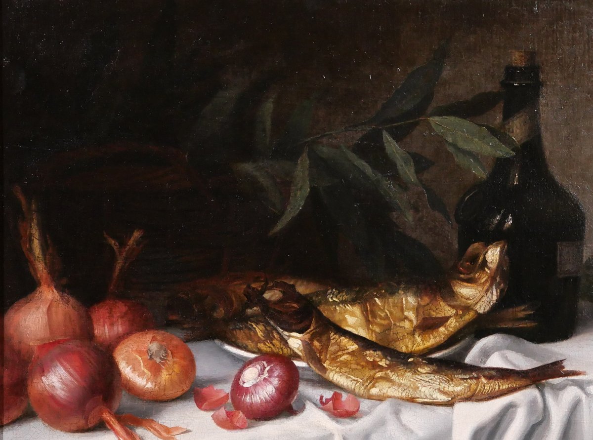 Blanche Polonceau 1846-1914 Nature morte aux harengs et aux oignons, tableau, vers 1880-90-photo-1