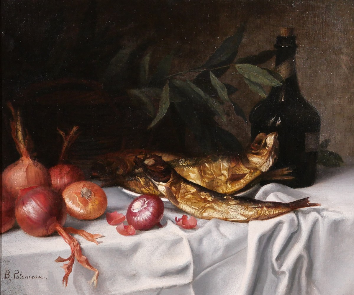 Blanche Polonceau 1846-1914 Nature morte aux harengs et aux oignons, tableau, vers 1880-90