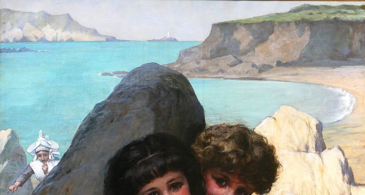 Pierre de Coninck 1828-1910 Bretagne, enfants jouant à cache-cache, grand tableau, Salon 1889-photo-2