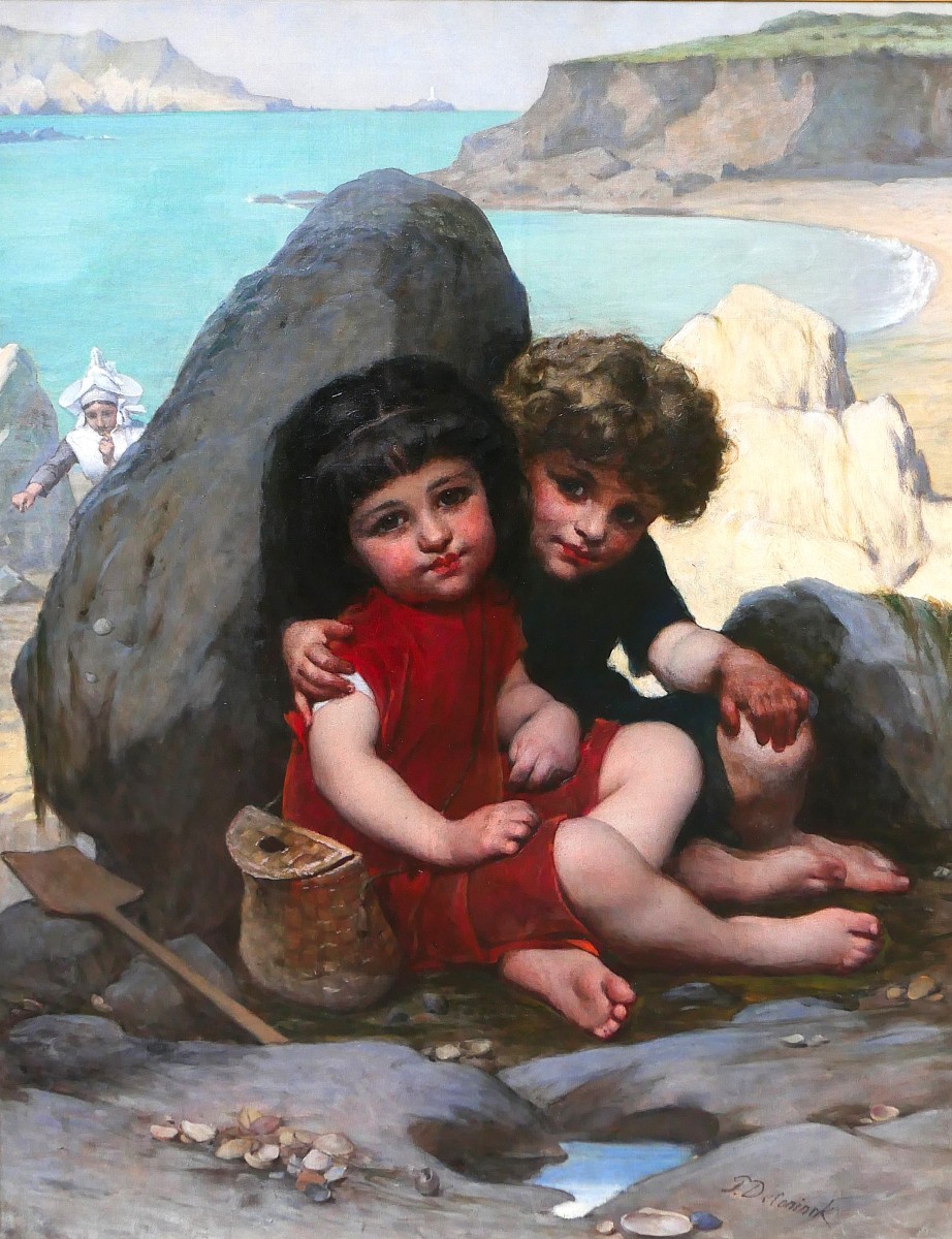 Pierre de Coninck 1828-1910 Bretagne, enfants jouant à cache-cache, grand tableau, Salon 1889