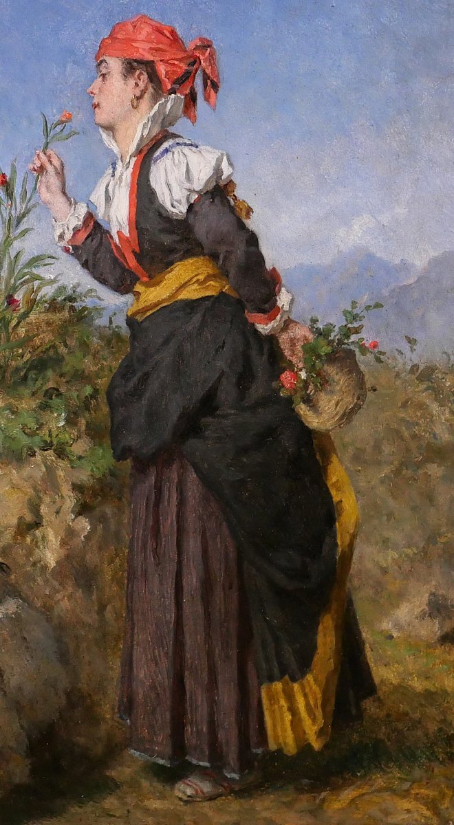 A M Guillemin 1817-1880 Pyrenees, Woman Breathing A Flower In The Mountains, Landscape Painting-photo-3