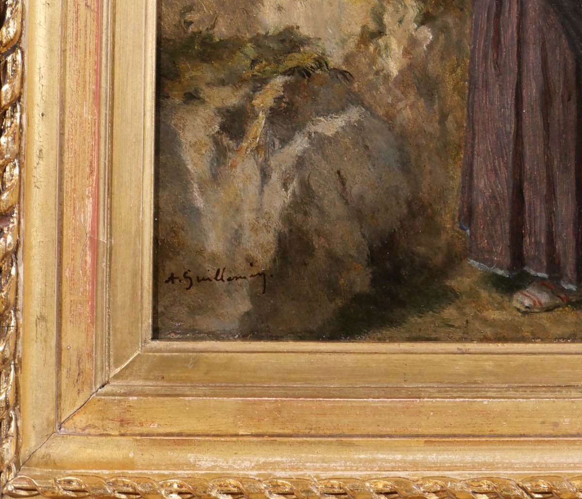 A M Guillemin 1817-1880 Pyrenees, Woman Breathing A Flower In The Mountains, Landscape Painting-photo-5